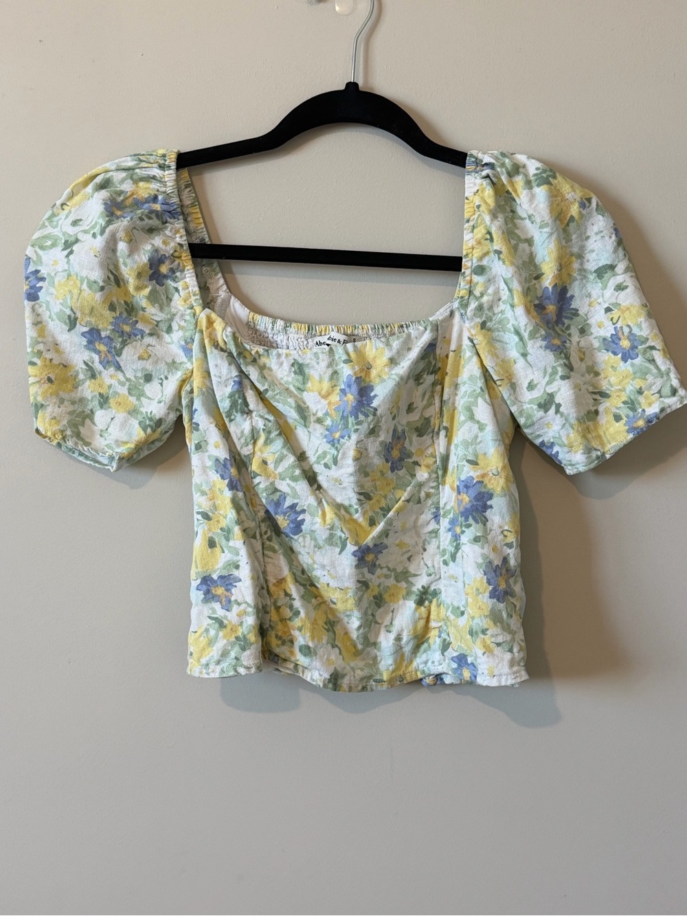 Abercrombie & Fitch Yellow and Blue Floral Puff-Sleeve Square Neck Top